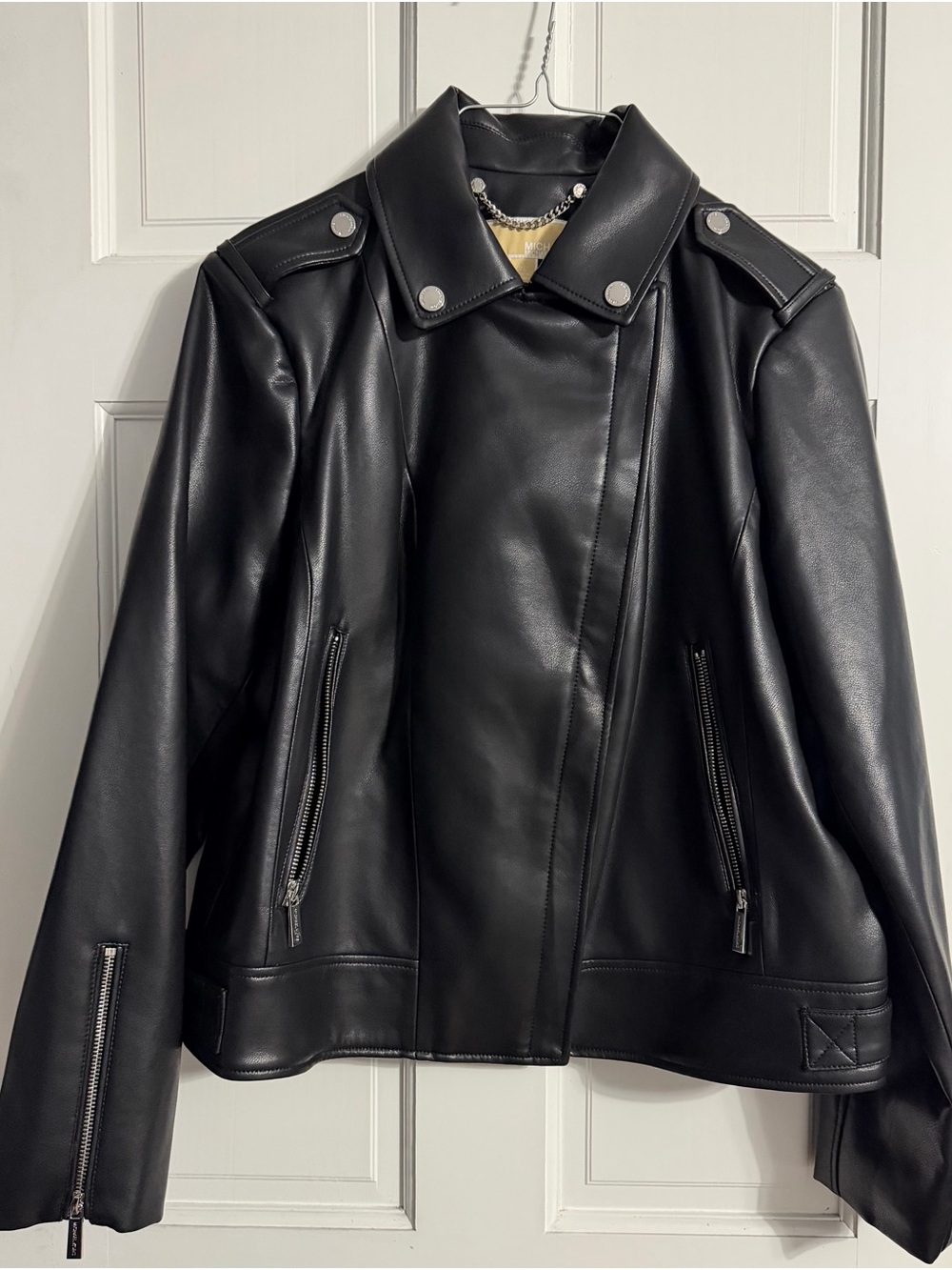 Michael Kors Black Faux Leather Jacket with Silver Chain Detail